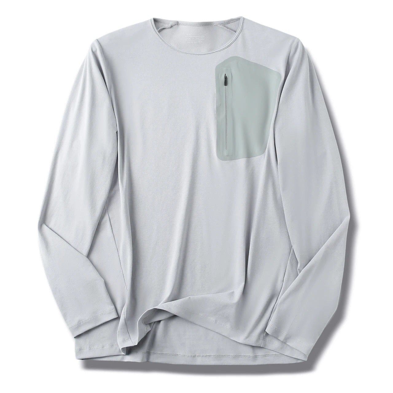 Men's Crew Neck Long Sleeve T-Shirt, Cotton Feel Moisture Wicking Quick Dry Athletic Shirts, Outdoor Hiking Tops With Seam Sealed Zipper Chest Pocket For Fall