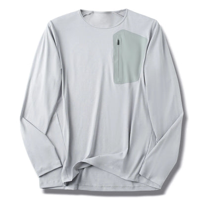 Men's Crew Neck Long Sleeve T-Shirt, Cotton Feel Moisture Wicking Quick Dry Athletic Shirts, Outdoor Hiking Tops With Seam Sealed Zipper Chest Pocket For Fall