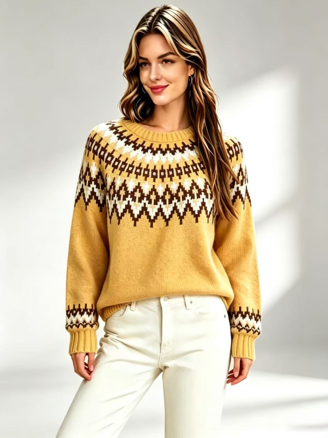 Womens Retro Fair-Isle Knit Crew-Neck Sweater