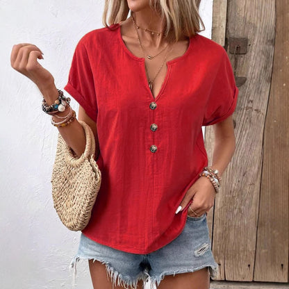 2026 Summer New European And American Women's Button V-neck Short Sleeved T-shirt Top For Women