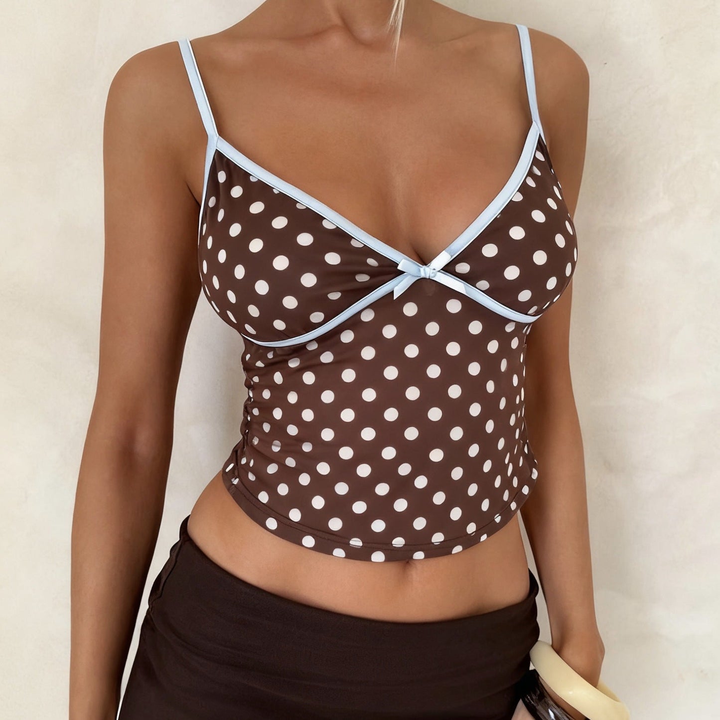 Lace Bow-Embellished Seam-Spliced Petite Sexy V-Neck Colorblock Vest