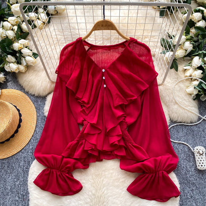 Womens Solid-color Loose-fitting Breathable Ruffled-edge Blouse
