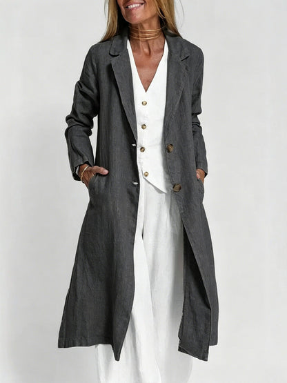 Long-sleeve Buttoned Cotton-linen Trench Coat With A Suit Collar