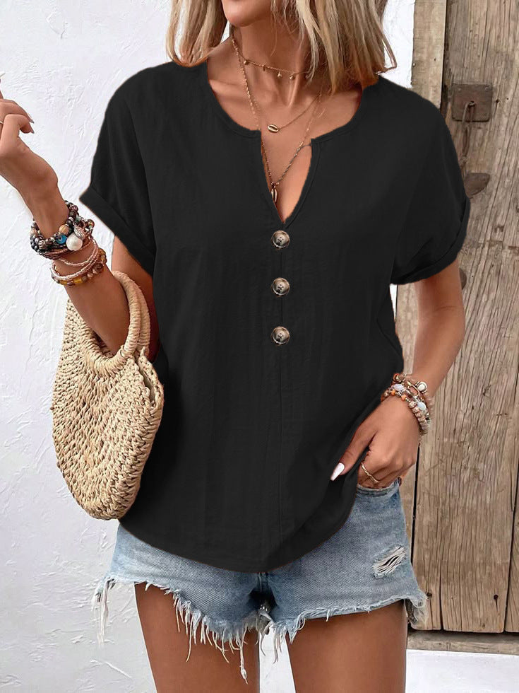 2026 Summer New European And American Women's Button V-neck Short Sleeved T-shirt Top For Women