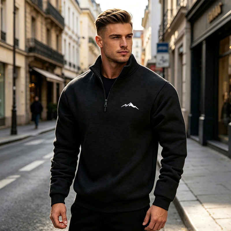 Mid-length Loose-fit Zip-up Casual Hoodie With A Stand-up Collar And Hood