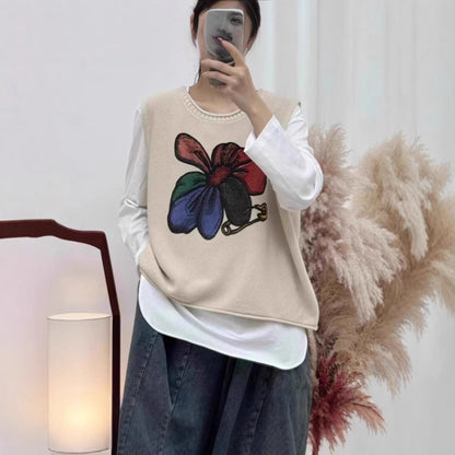 Womens Floral-Print Crew-Neck Loose-Fit Vintage Knitted Vest