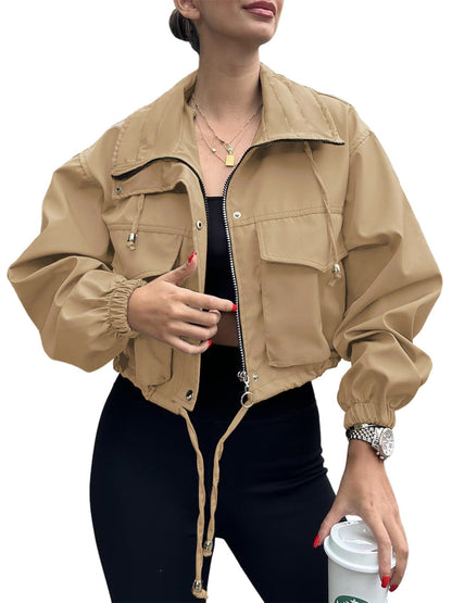 Cross-Border European And American Autum New Women's Pure Color Women's Short Jacket Zipper Windbreaker Jacket