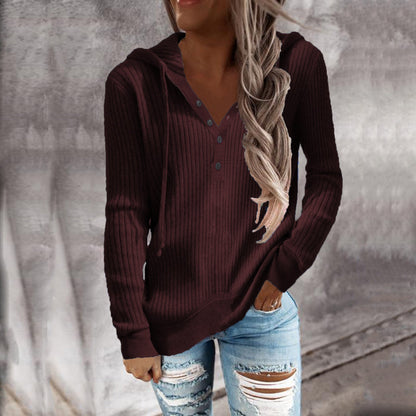 Women Ribbed Knit Hoodie Top Henley Half Button Drawstring Long Sleeve Casual Pullover Blouse