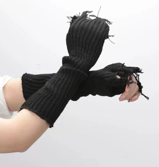 1pair Black Tattered Punk Unisex Fingerless Cuff Knit Gloves
