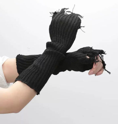 1pair Black Tattered Punk Unisex Fingerless Cuff Knit Gloves