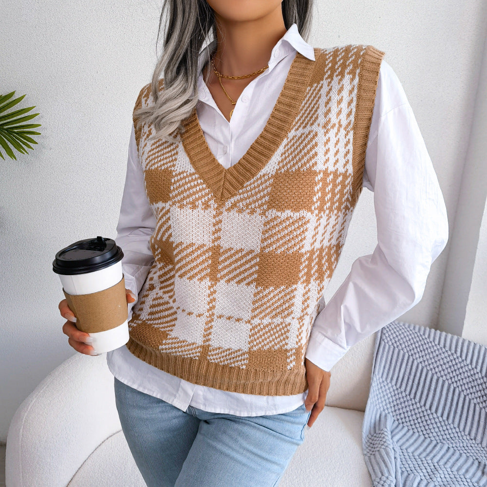 Color-block Plaid Knitted Vest Sweater Waistcoat For Women