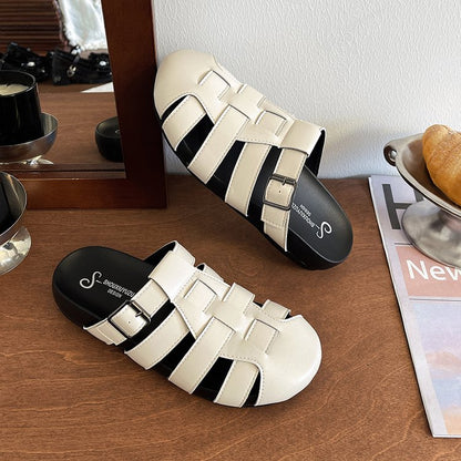 French-style Open-toed Slippers For Women, Summer Outdoor Wear, One-piece Open-toe Roman Sandals, Versatile Casual Mules, Flat Casual Sandals
