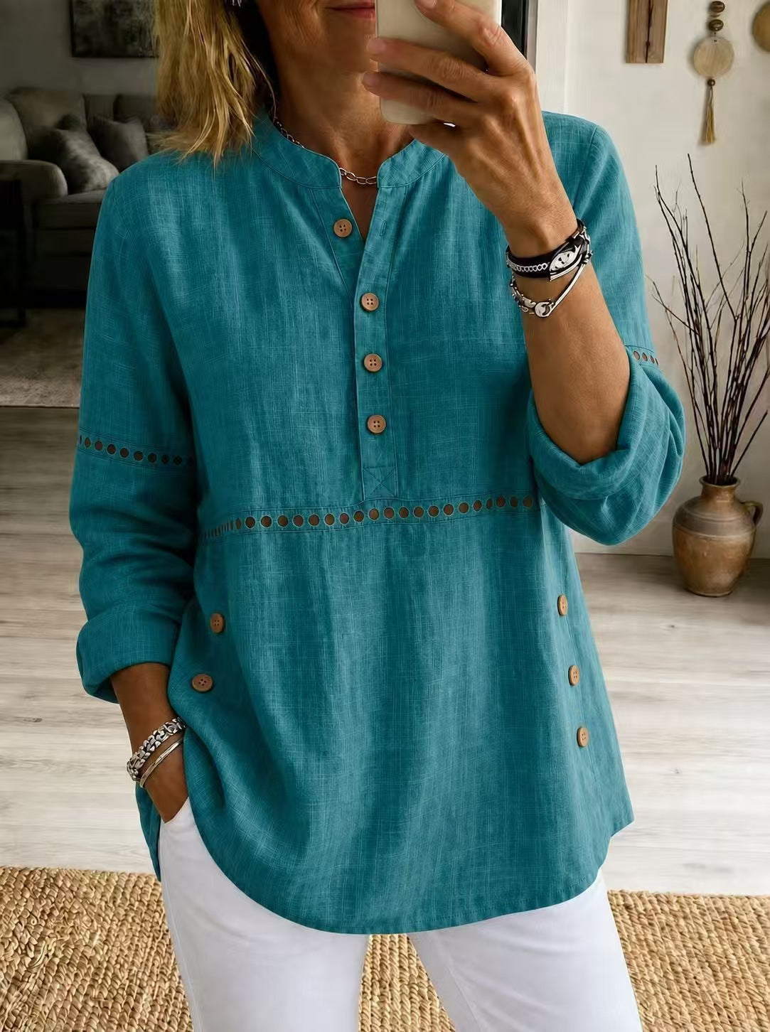 New Autumn And Winter Women's Clothing  Stand-up Collar Half-open Front Long-sleeved Top With Side Button Closure Loose Fit Casual Solid Color