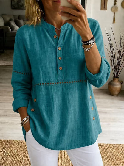New Autumn And Winter Women's Clothing  Stand-up Collar Half-open Front Long-sleeved Top With Side Button Closure Loose Fit Casual Solid Color