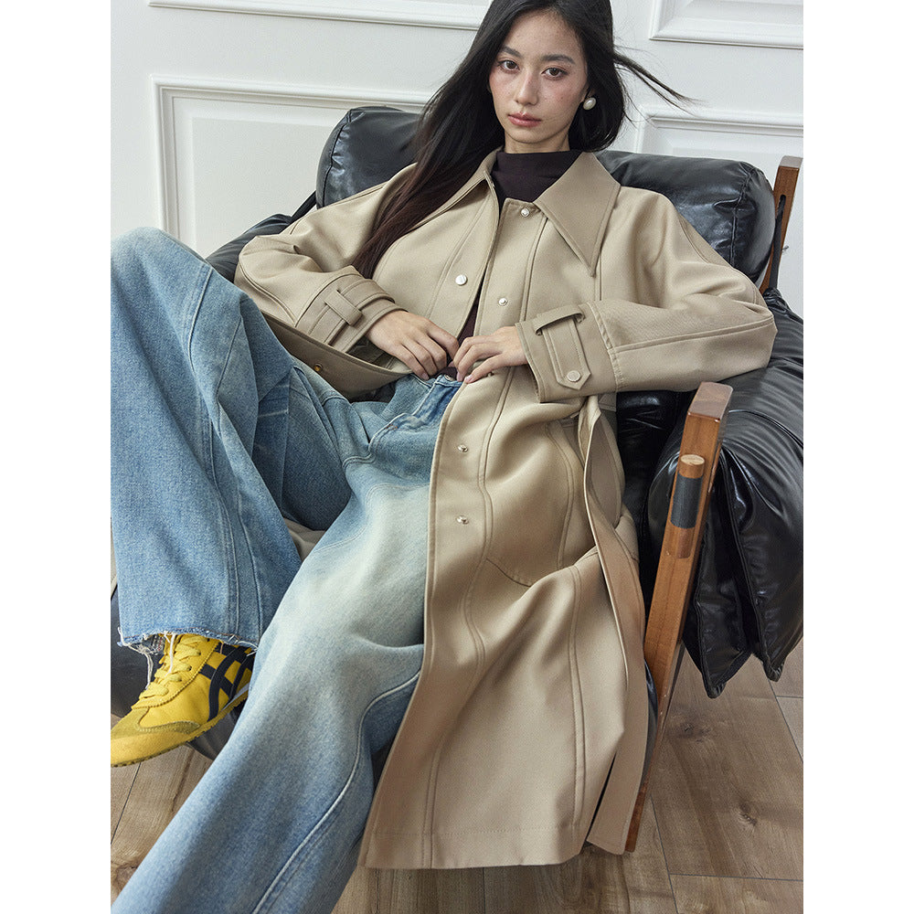 Vintage High-end Leather-patchwork Mid-length Trench Coat For Women