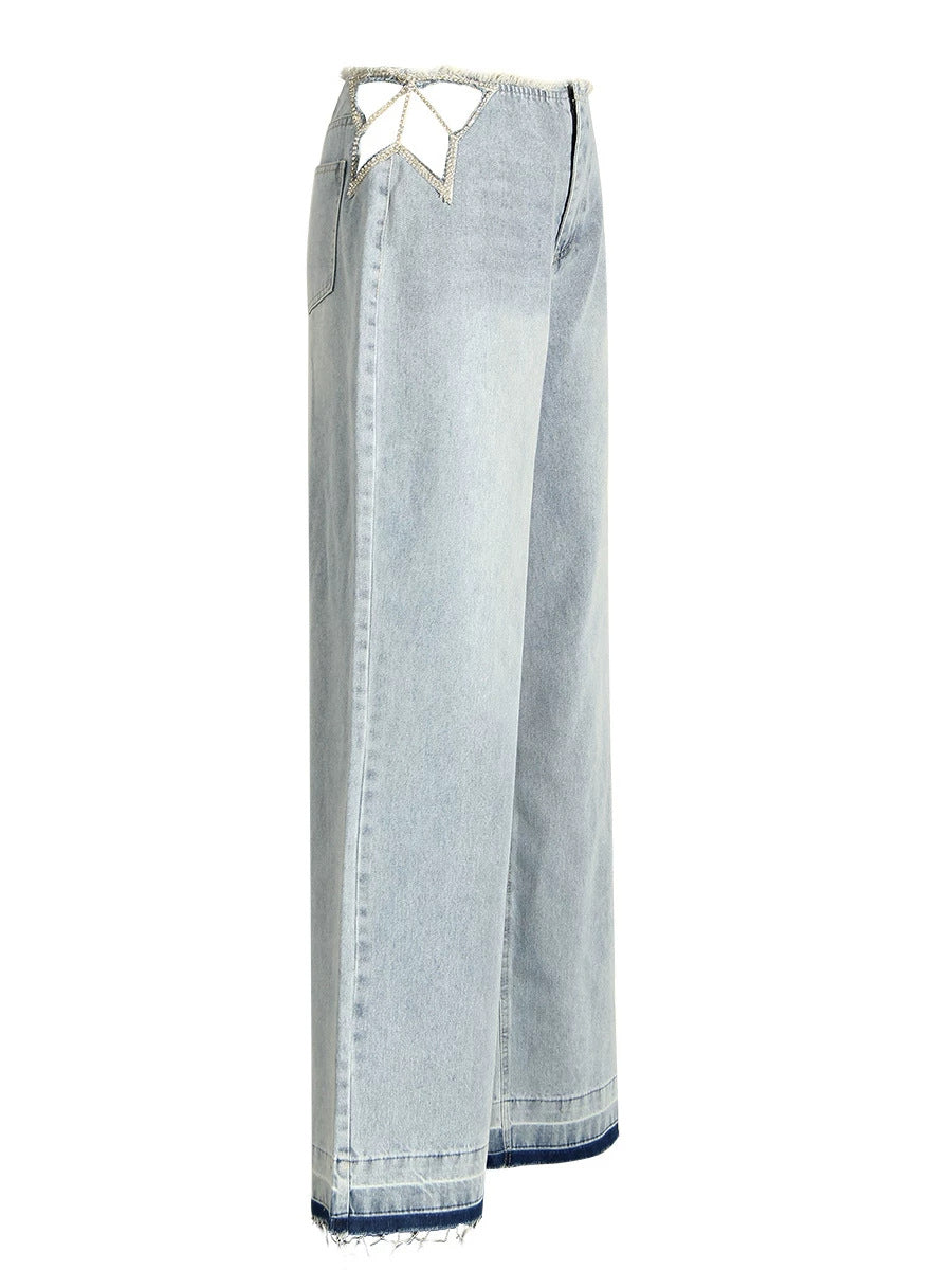 Light Washed Star Rhinestone Cutout Wide Leg Denim Jeans