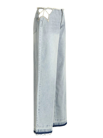 Light Washed Star Rhinestone Cutout Wide Leg Denim Jeans