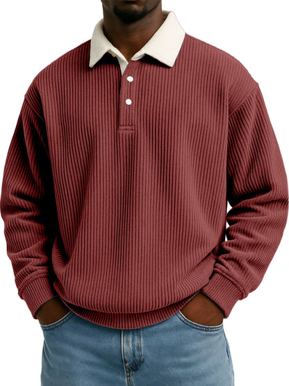 Mens Retro Color-block Corduroy Striped Casual Long-sleeve Shirt