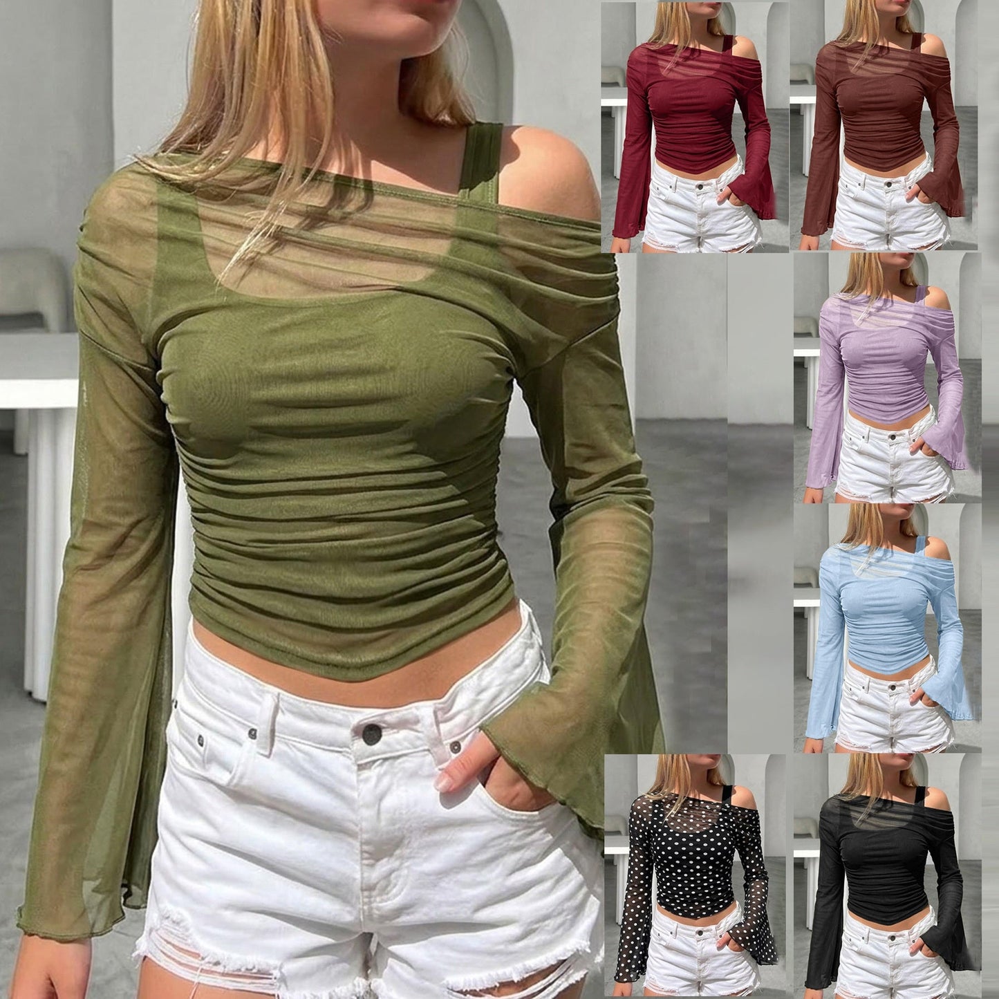Mesh-Neck Pleated Long-Sleeve T-Shirt Top
