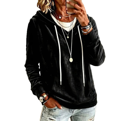Womens Stylish And Elegant Gold-velvet Hooded Long-sleeve Sweatshirt