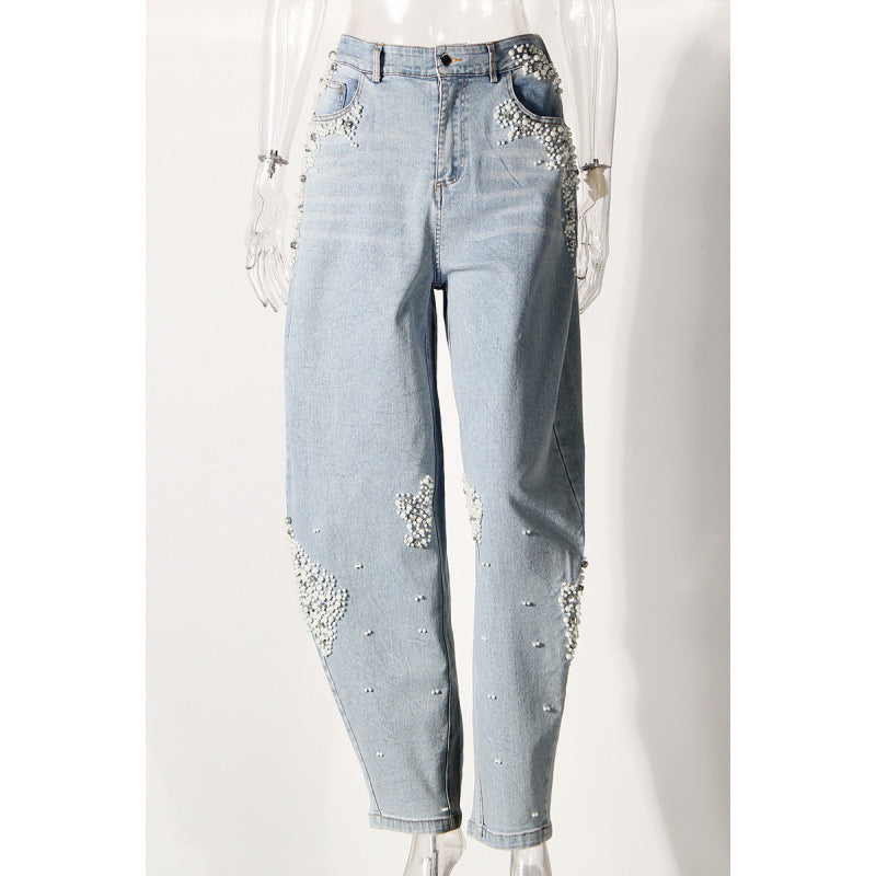 Wash Pearls Beaded High Waist Carrot Jeans