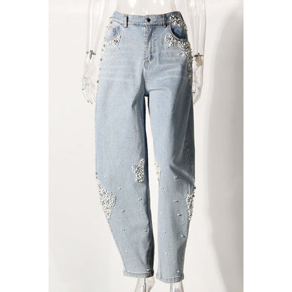 Wash Pearls Beaded High Waist Carrot Jeans