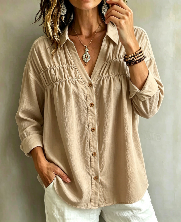 Loose-fit Casual Long-sleeve V-neck Womens Blouse With Buttons