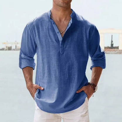 Trade Men's Linen Collar Long-sleeved T-shirt Loose T-shirt Solid Color Long-sleeved Cotton And Linen Shirt For Men