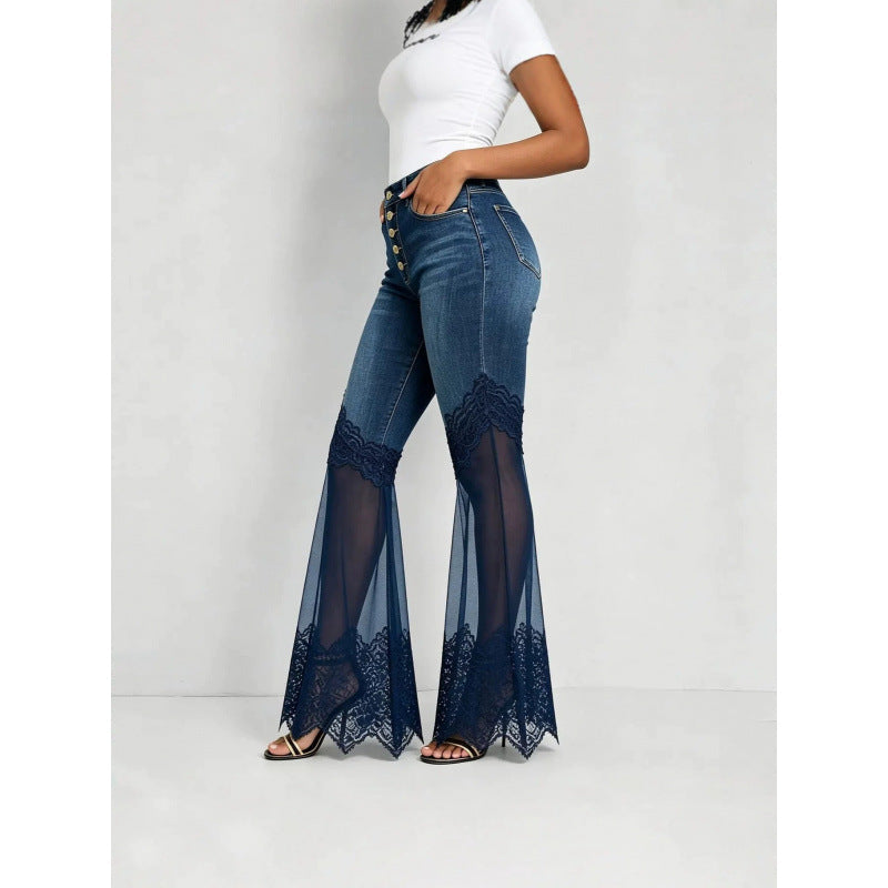 High-waisted Denim Flared Jeans With A Multi-tiered Asymmetrical Hem