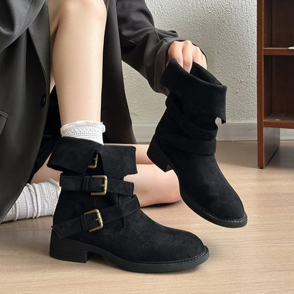 Retro Thick Soled High Rise Slimming Fashionable Lapel Thick Heel Midsole Boots