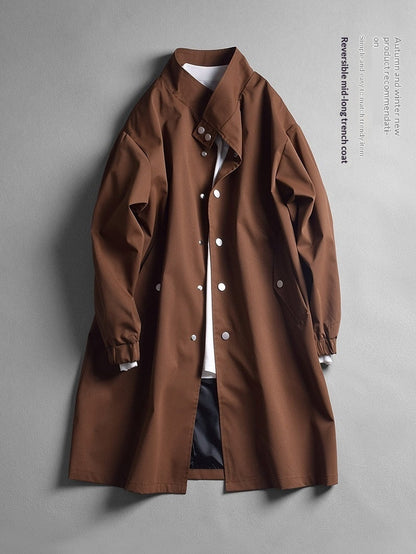 Mens Stand-Neck Single-Breasted Trench Coat Loose-Fit Casual Lapel Jacket