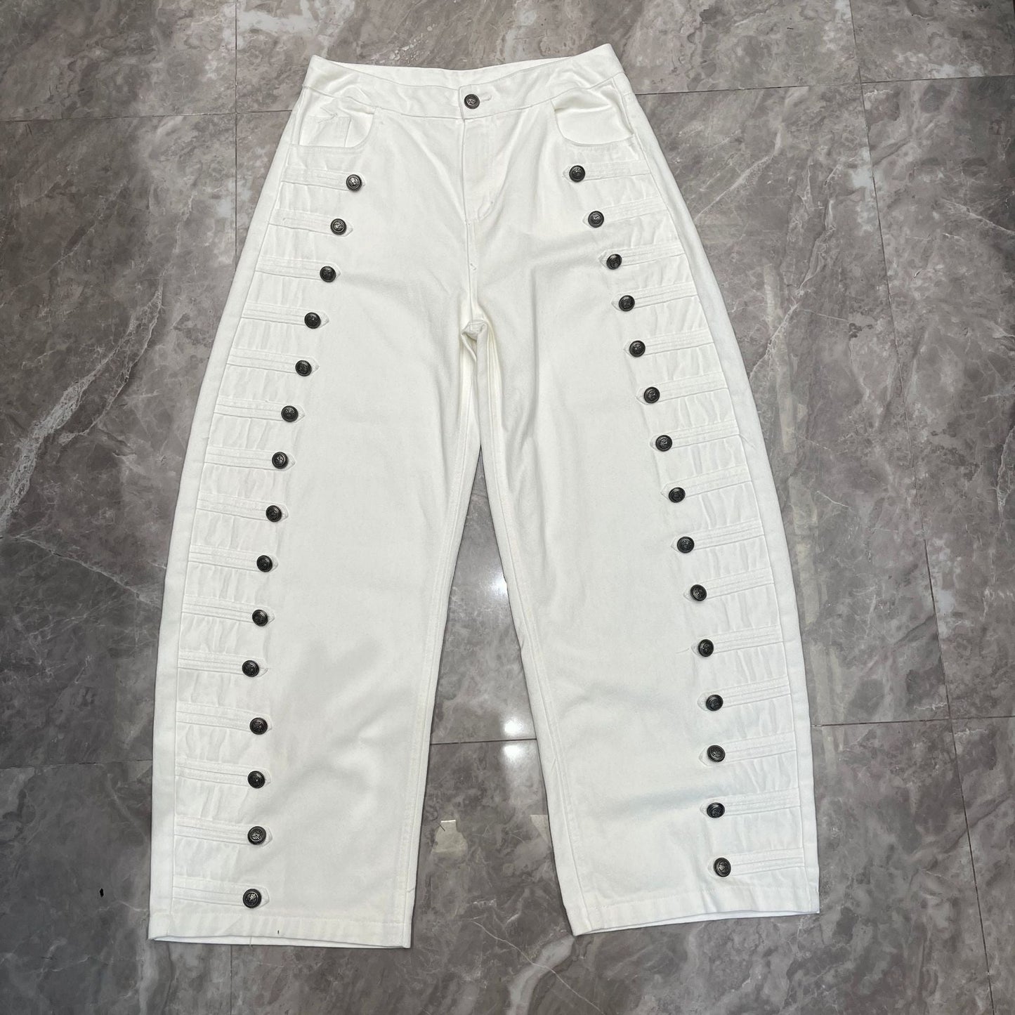 High-waisted Vintage Washed-blue Button-fly Straight-leg Jeans