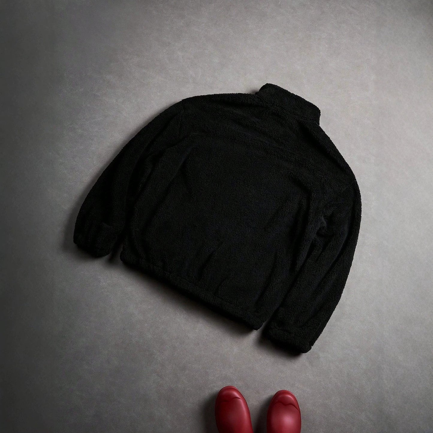 Black Furry Jacket With A Zipper And Embroidery On The Left Chest