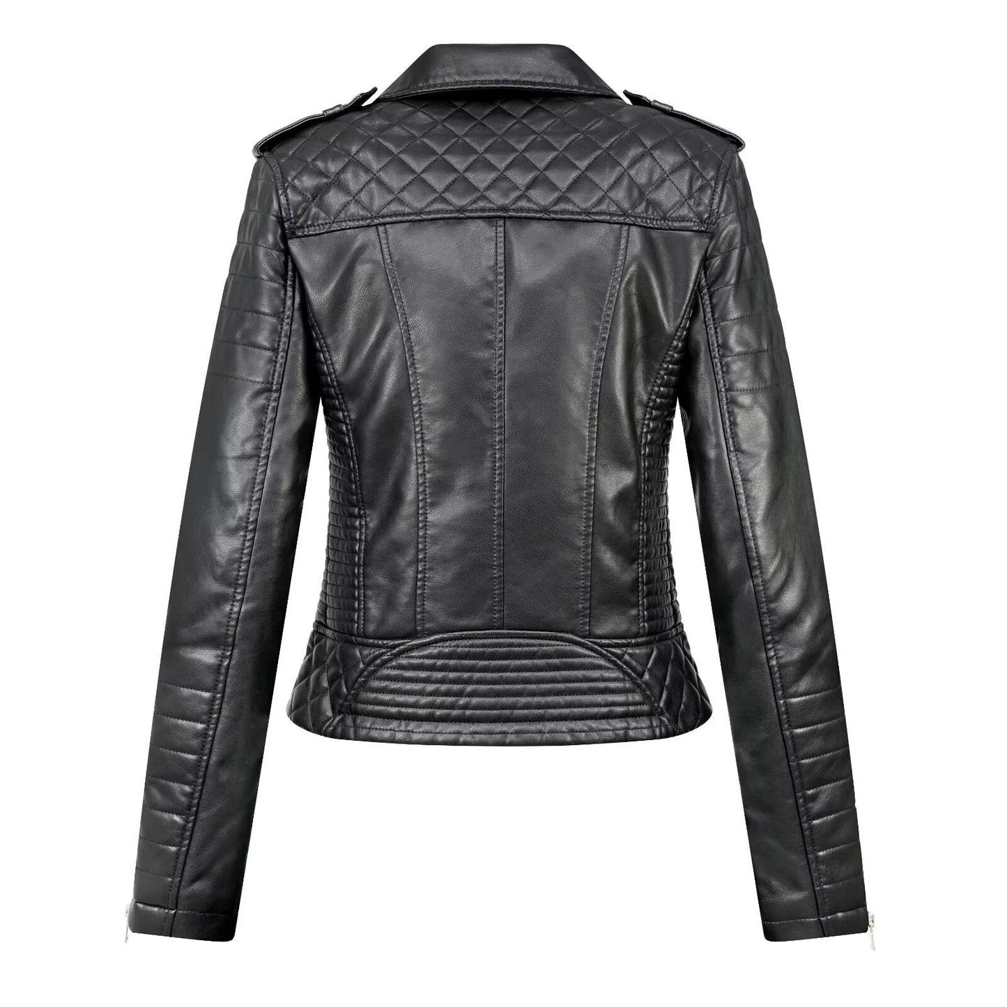 Turn-down Collar Motorcycle PU Leather Jacket Womens
