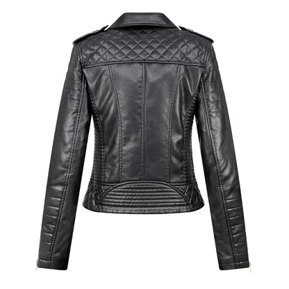 Turn-down Collar Motorcycle PU Leather Jacket Womens