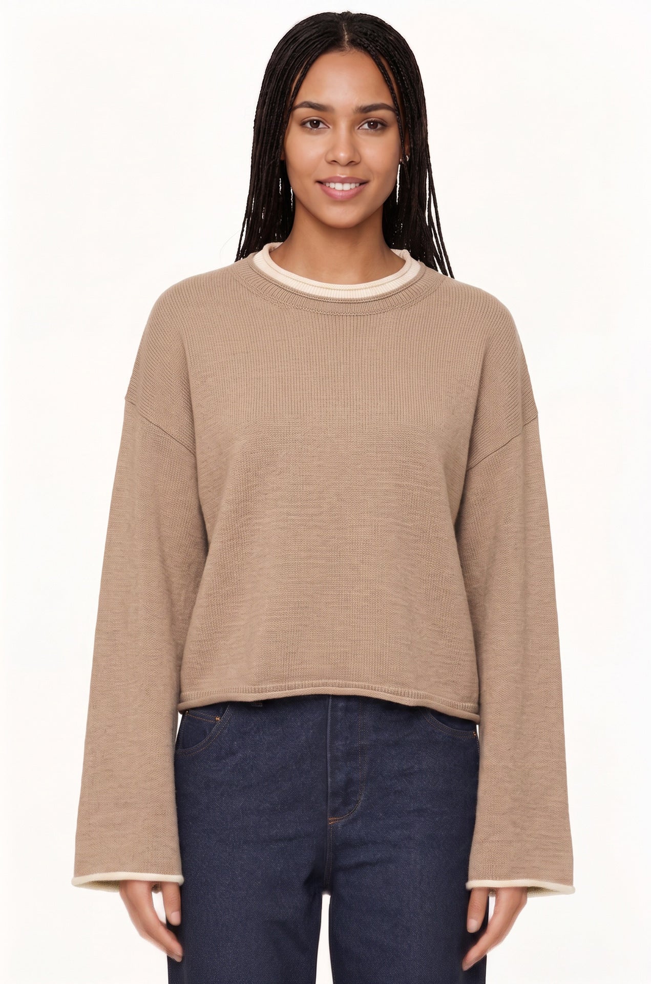 Womens Pullover Sweater Loose-Fit Round-Neck Casual Knit Top