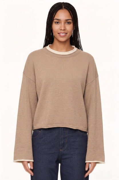 Womens Pullover Sweater Loose-Fit Round-Neck Casual Knit Top