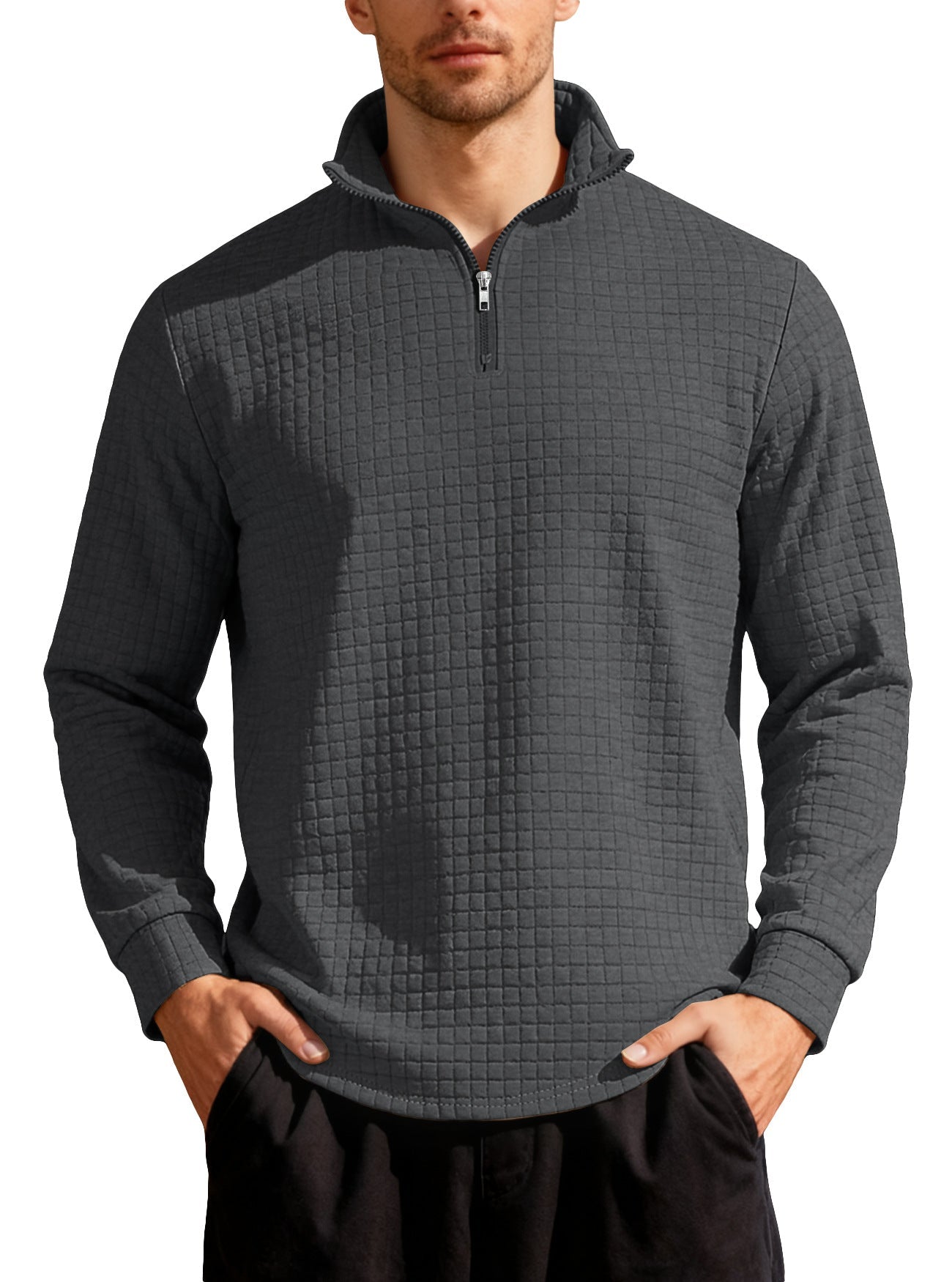 Business-casual Mens Loose-fit Jacquard Crew-neck Half-zip Hoodie With Small Square Patterns