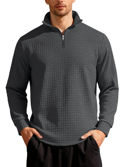 Business-casual Mens Loose-fit Jacquard Crew-neck Half-zip Hoodie With Small Square Patterns