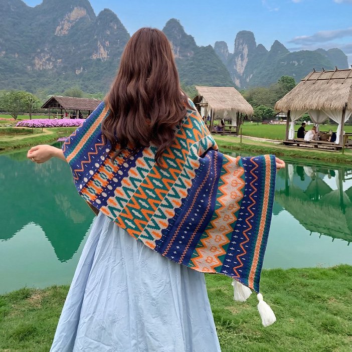 Ethnic-style Knitted Tassel Shawl