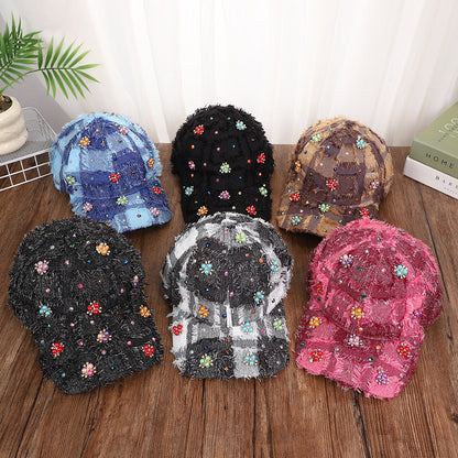 Korean-style Multi-color Fringed Checkered Baseball Cap With Rhinestones And Pearl Flowers, Casual Curved Brim Fedora Hat