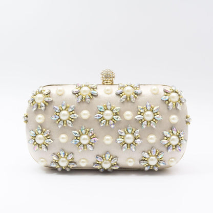 Pearl-Color Diamond Flower Evening Bag For Formal Wear