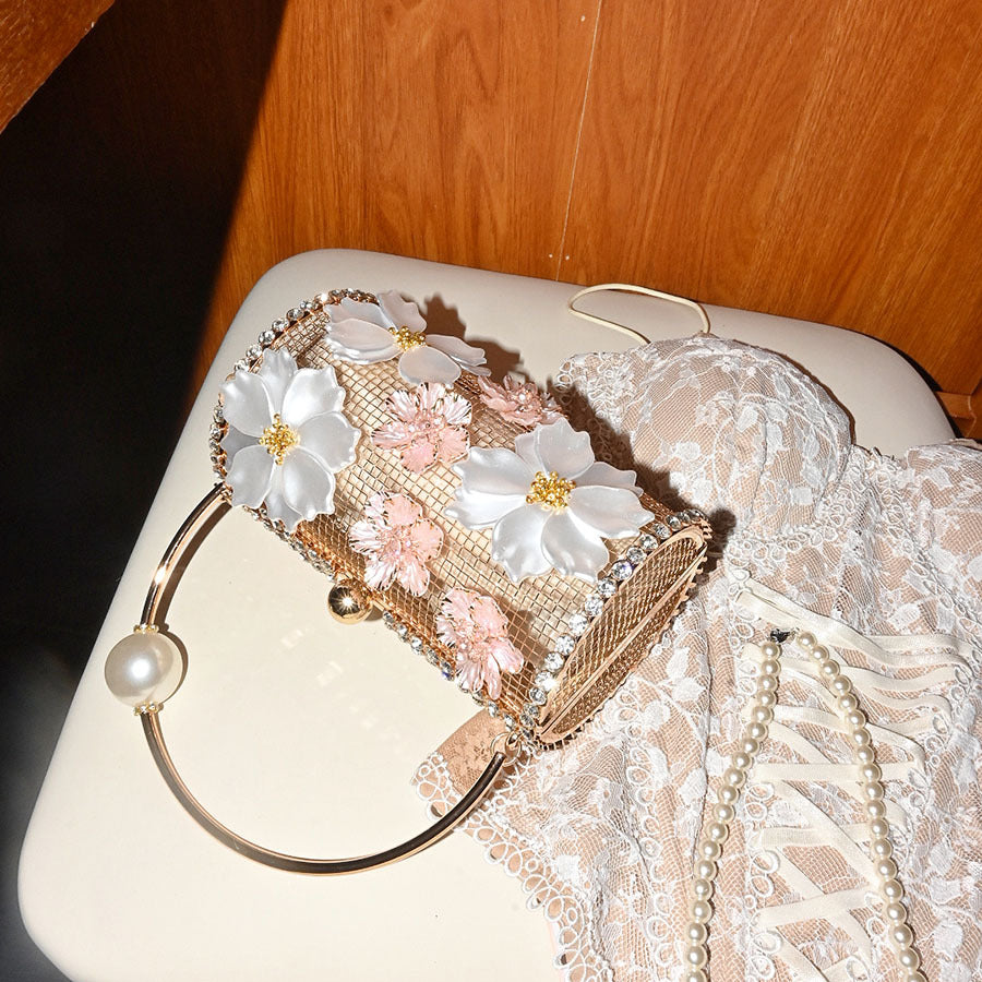 French-style Metal Flower Clutch With Diamonds And Pearls