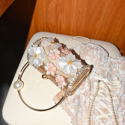 French-style Metal Flower Clutch With Diamonds And Pearls