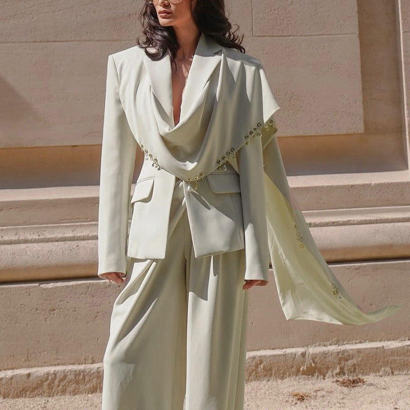 Elegant Metal Ring-Embroidered Design Long-Sleeve Cape Blazer For Women