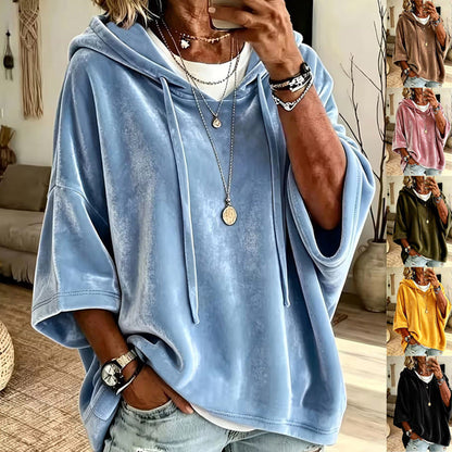 Women Velvet Batwing Short Sleeve Hoodie, Drawstring Loose Casual Solid Color Pullover Tops