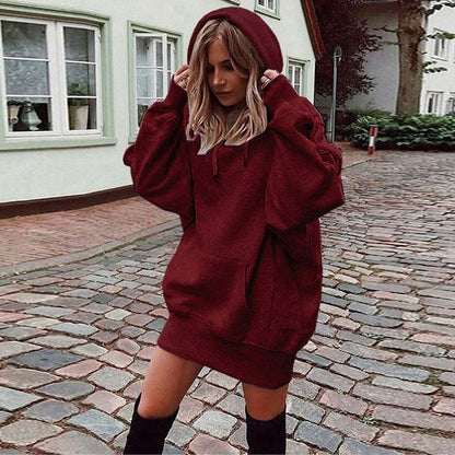 Women's Solid Color Pullover Hooded Loose Fleece Sweater