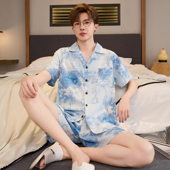 Mens Summer Cardigan Ice-silk Short-sleeve Top And Shorts