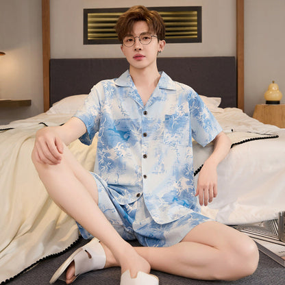 Mens Summer Cardigan Ice-silk Short-sleeve Top And Shorts