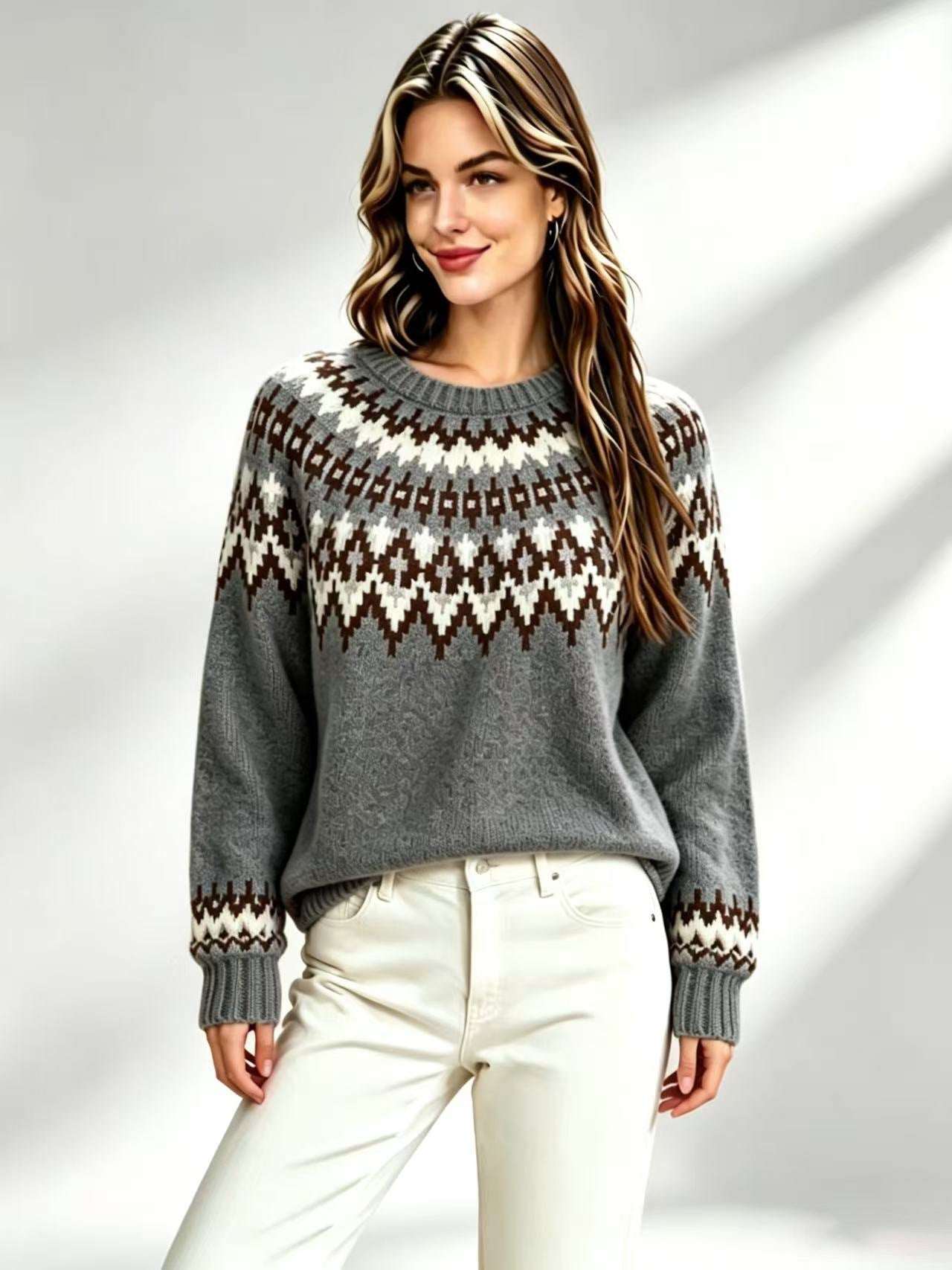 Womens Retro Fair-Isle Knit Crew-Neck Sweater